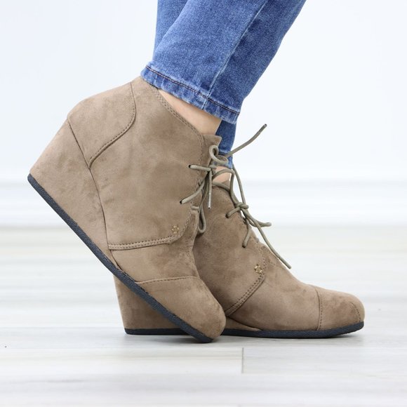Taupe Faux Suede Round Toe Wedge Heel Lace Up Ankle Boots - Picture 6 of 12